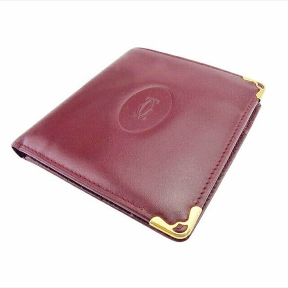 Cartier Bi -fold Wallet Bordeaux x Leather x Gold Material Authentic USED - Picture 2 of 11